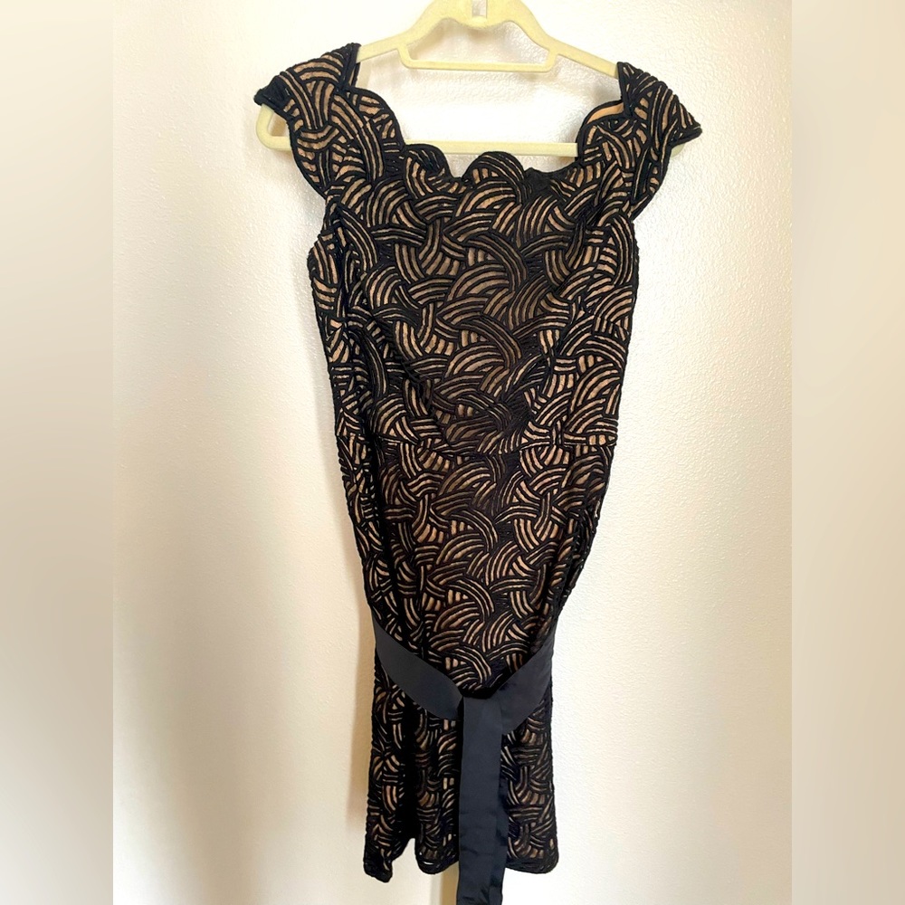 Gorgeous Black Velvet Dress with Scalloped Neckline and Black Ribbon Belt